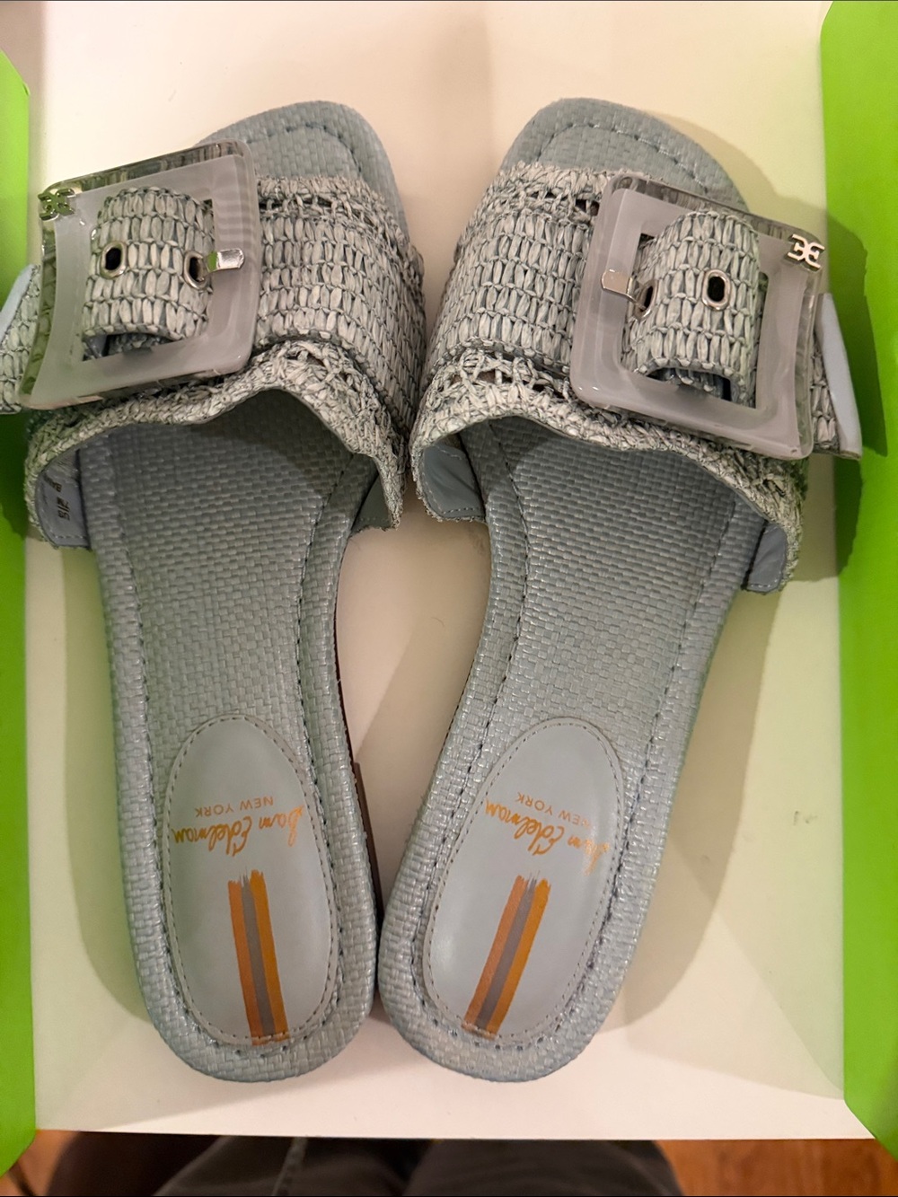 Sam Edelman Light Blue Woven Slide Sandals with Decorative Buckle